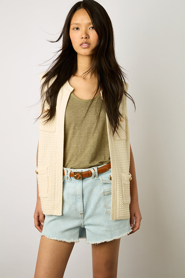 LIZZIE LONG TWEED-EFFECT CROCHET SLEEVELESS CARDIGAN