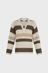 LEA STRIPED OPENWORK COTTON POLO SWEATER