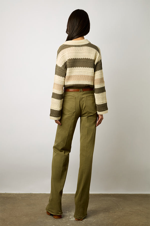 LEA STRIPED OPENWORK COTTON POLO SWEATER