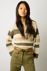 LEA STRIPED OPENWORK COTTON POLO SWEATER