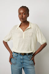 LANA WHITE LINEN MIX POLO SWEATER