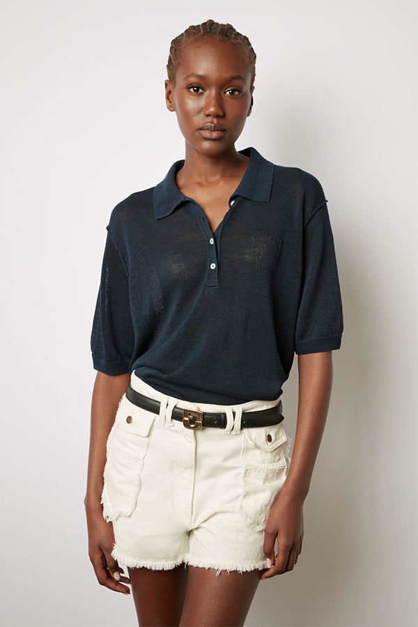 LANA NAVY LINEN MIX POLO SWEATER