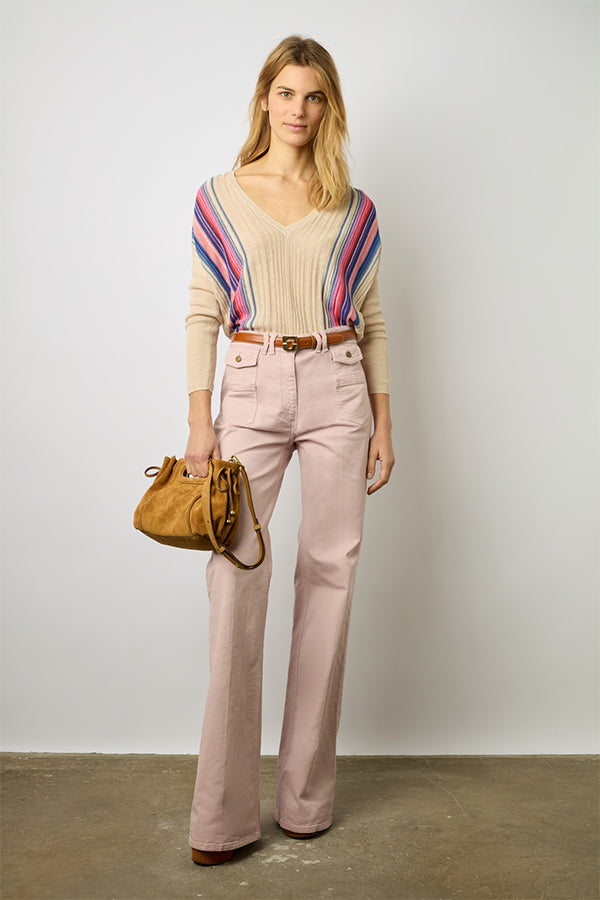 LOUNA MULTICOLORED STRIPED LINEN V-NECK SWEATER