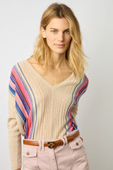 LOUNA MULTICOLORED STRIPED LINEN V-NECK SWEATER