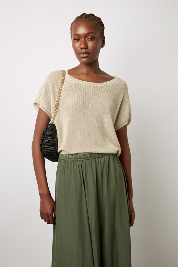 LETSIE BEIGE SHORT SLEEVE IRIDESCENT SWEATER