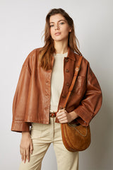 JOCYA BROWN SHORT SHIRT STYLE LEATHER JACKET