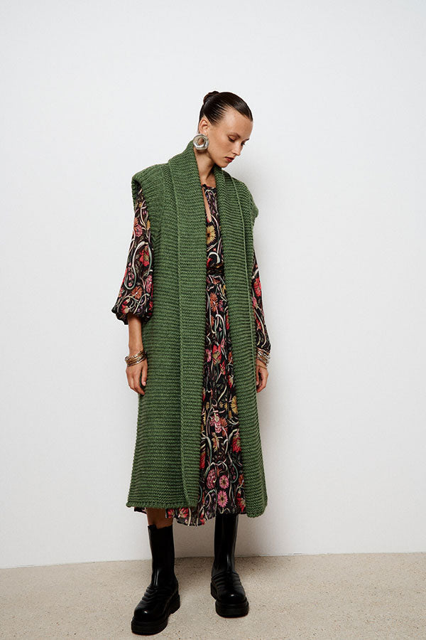 DESIREE GREEN SLEEVELESS LONG CARDIGAN