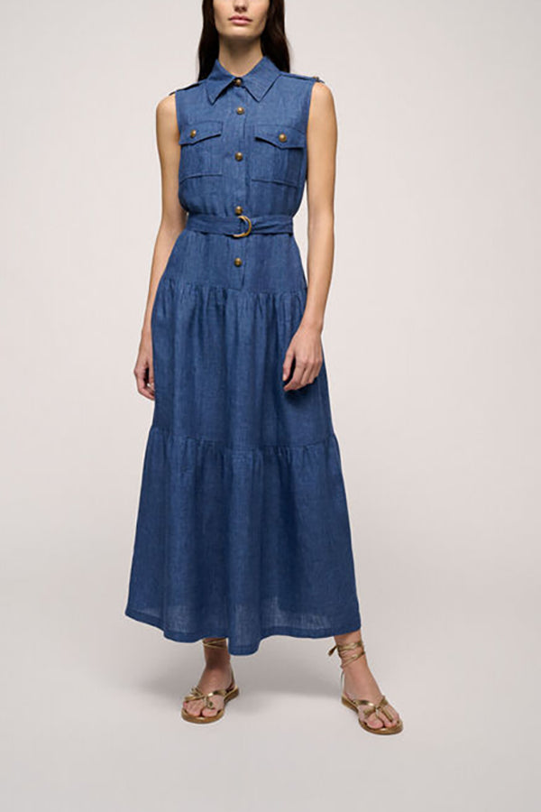 PRINCIPATO SLEEVELESS BLUE LINEN DRESS