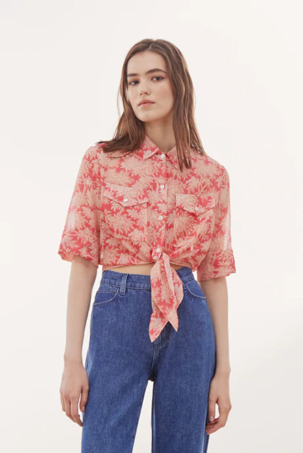 COLETTE TIED COTTON AND SILK FOLIAGE PRINT SHIRT