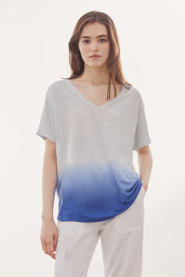 THELMA LINEN TIE-DYE V-NECK T-SHIRT