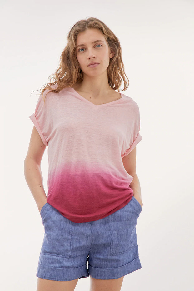 THELMA LINEN TIE-DYE V-NECK T-SHIRT