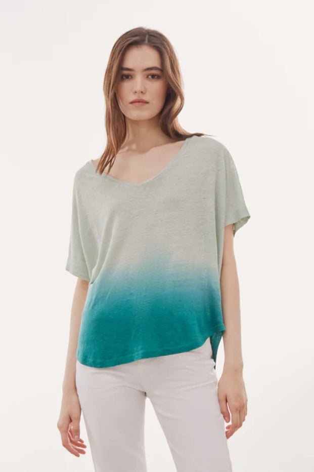 THELMA LINEN TIE-DYE V-NECK T-SHIRT