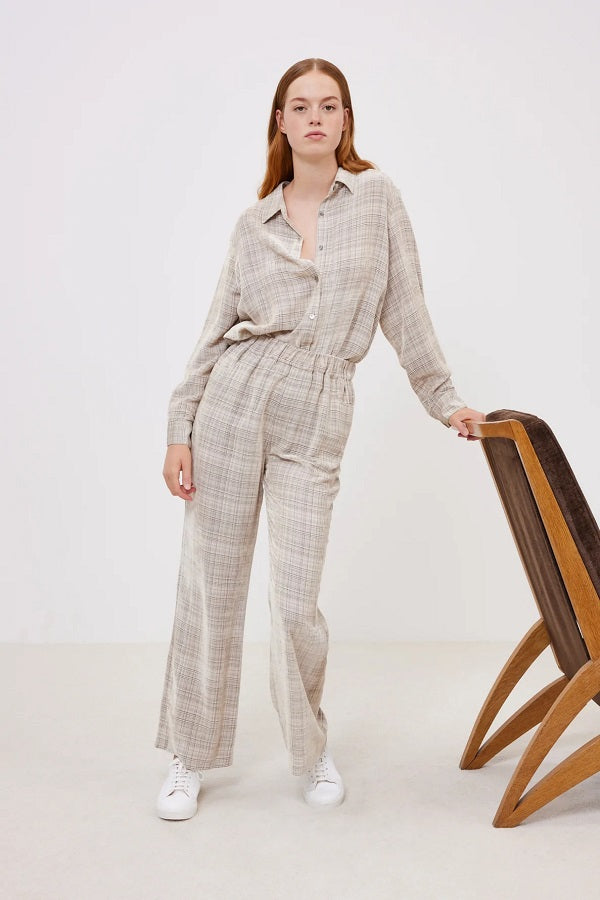 JASMIN BEIGE CHECKERED VISCOSE VELVET TROUSERS