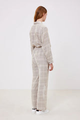 JASMIN BEIGE CHECKERED VISCOSE VELVET TROUSERS