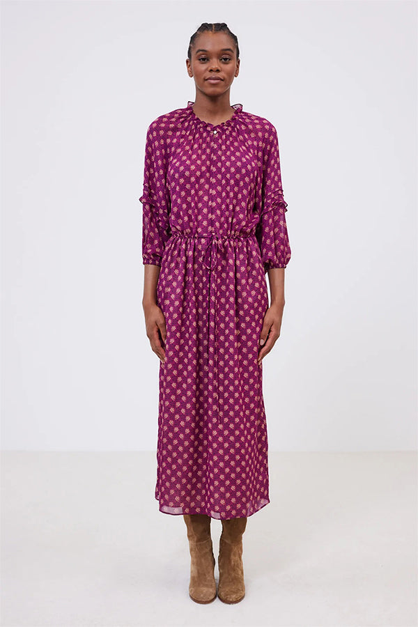 RIHAME TRICOLOR FLORAL PRINT LONG CREPE DRESS