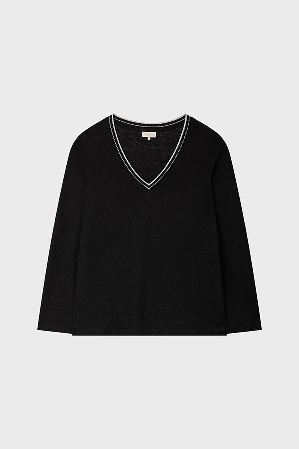 TACHA BLACK LUREX V-NECK LINEN T-SHIRT