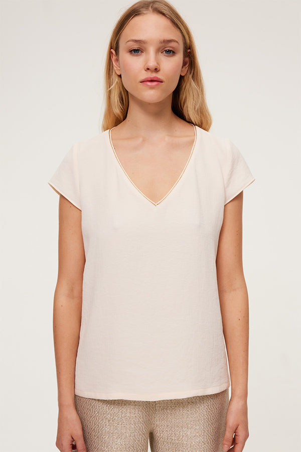 ANAELE BEIGE ROSE LUREX V-NECK TOP