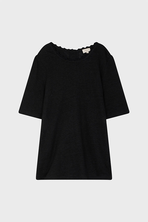 MILENNY BLACK NECK DETAIL LINEN T-SHIRT