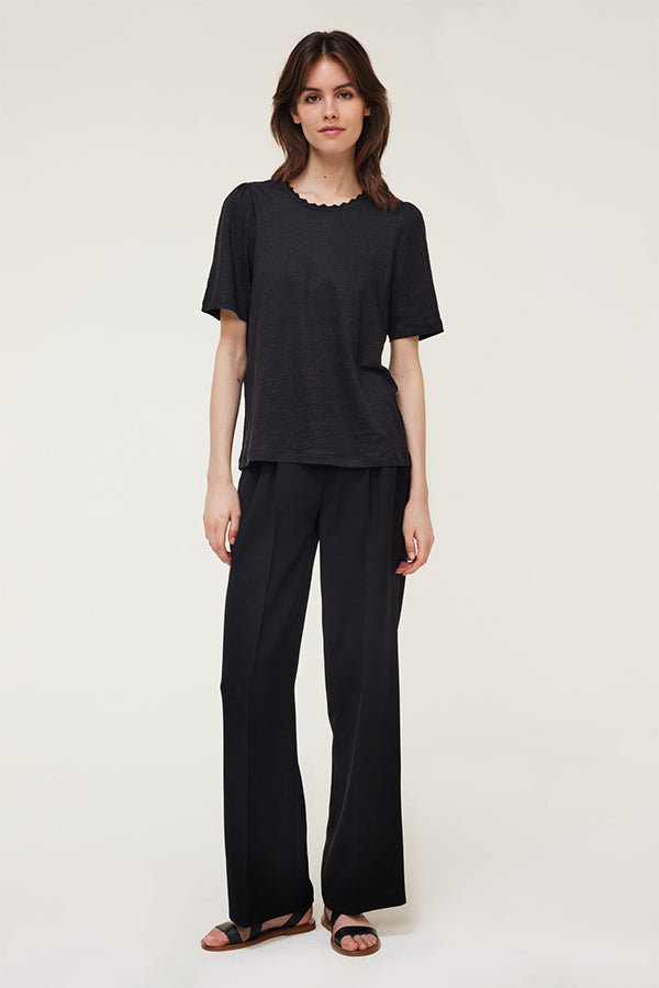 MILENNY BLACK NECK DETAIL LINEN T-SHIRT