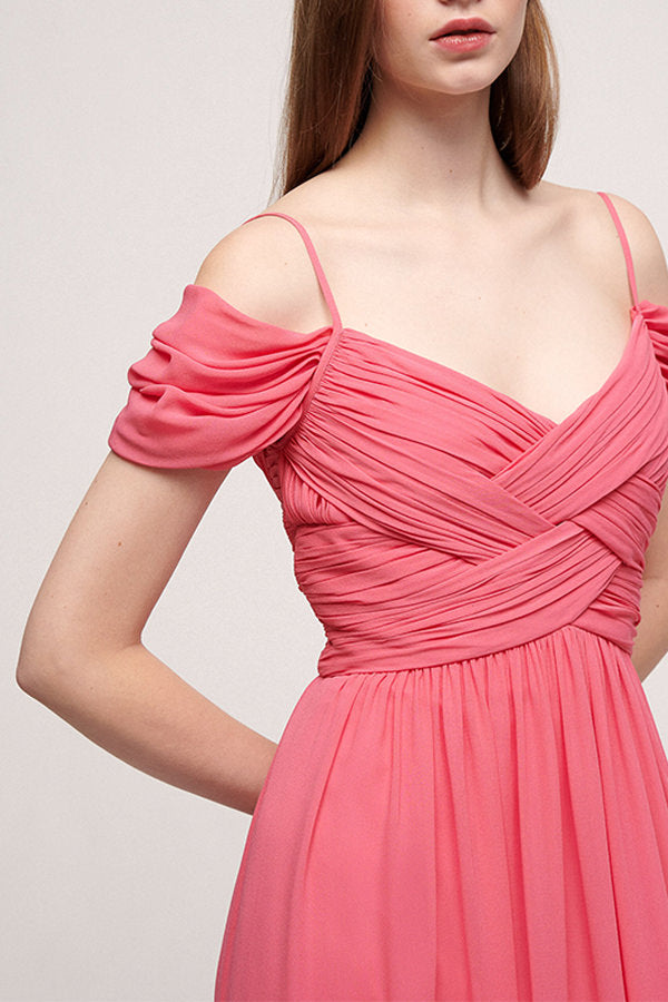 PALAGIO OFF THE SHOULDER DRAPED CRISS CROSS SILK DRESS