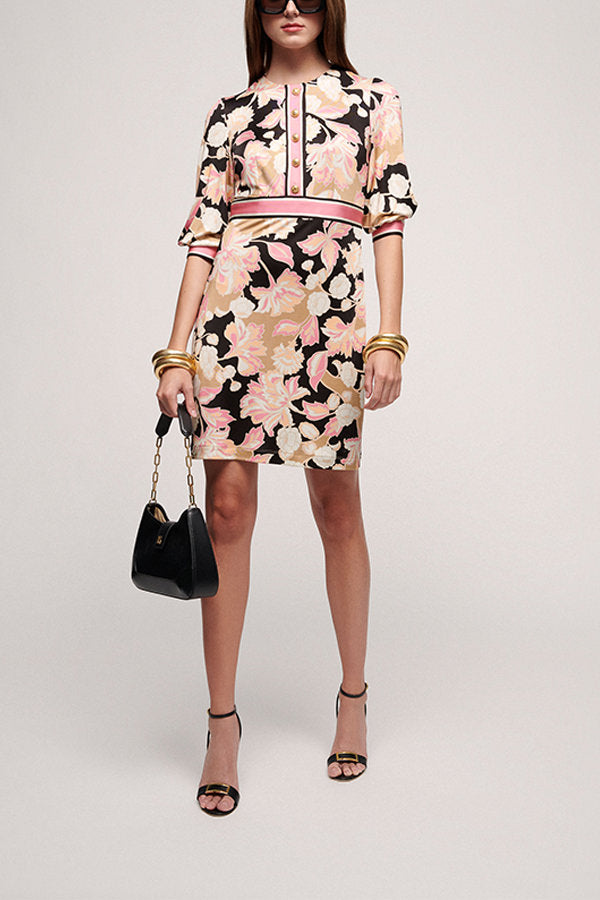 PALATINA PINK BLACK FLORAL PRINT DRESS