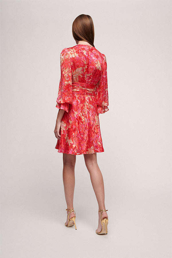 PESETA RED FLORAL PATTERN DRAPED DRESS