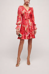 PESETA RED FLORAL PATTERN DRAPED DRESS