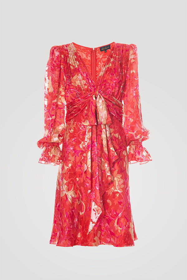 PESETA RED FLORAL PATTERN DRAPED DRESS