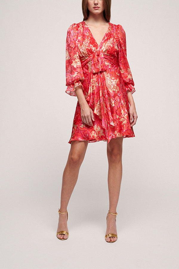 PESETA RED FLORAL PATTERN DRAPED DRESS