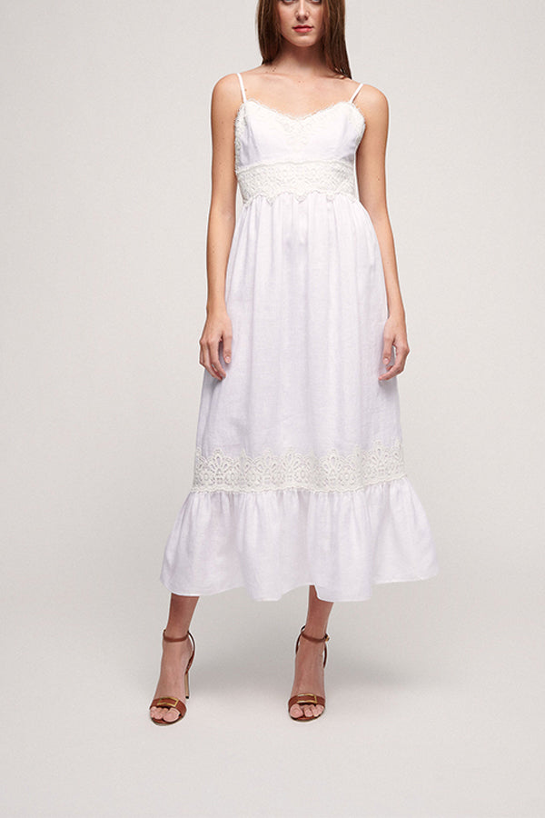 PIOPPO SLIP-STYLE EMBROIDERED LACE TOP LINEN DRESS