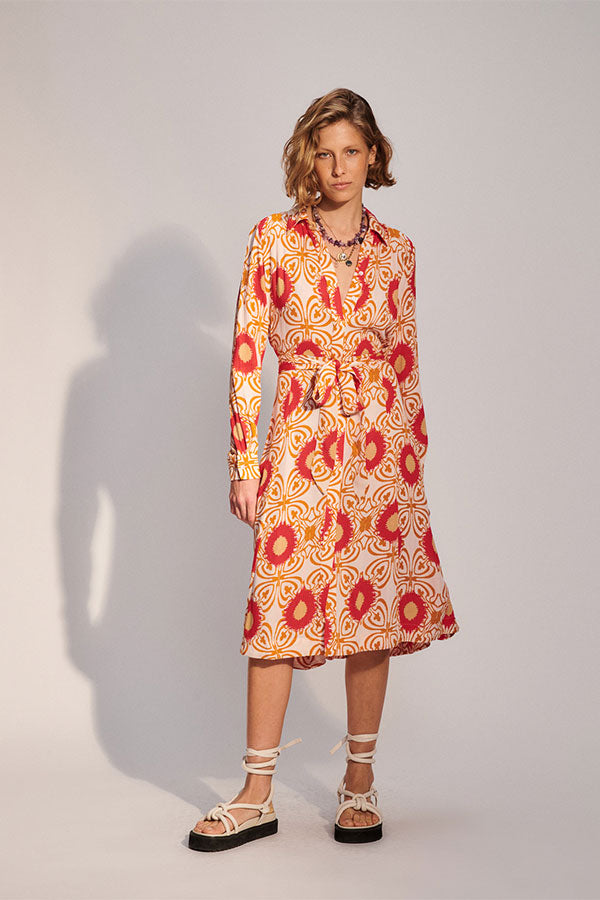 ALEJANDRA ORANGE PSYCHEDELIC PRINT MIDI DRESS