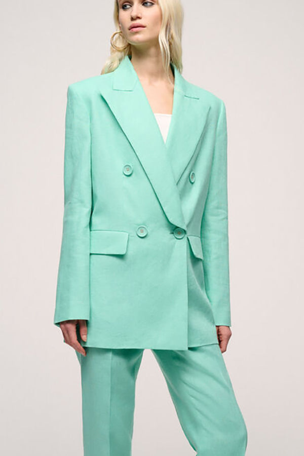 VELINA TURQUOISE DOUBLE-BREASTED LINEN JACKET